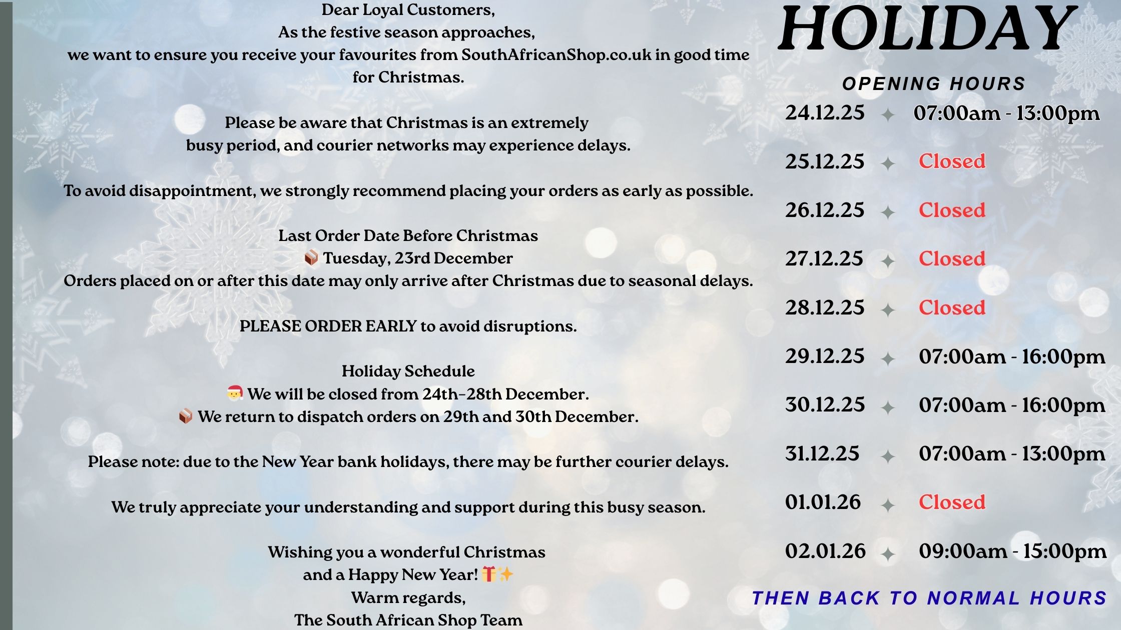 Christmas Opening times